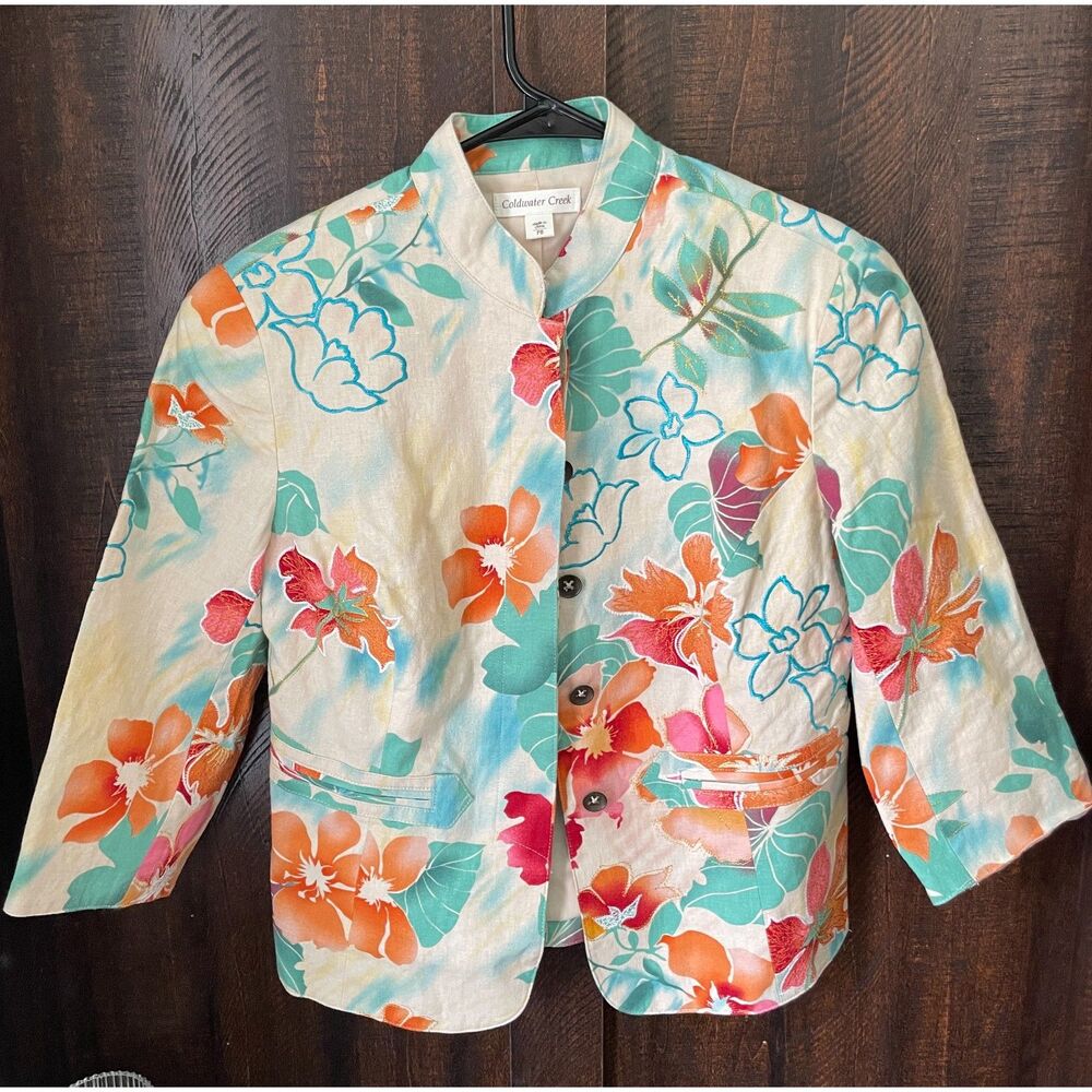 Floral Jacket Blazer Coldwater Creek P8 Tropical Linen Blend Boho colorful fun
